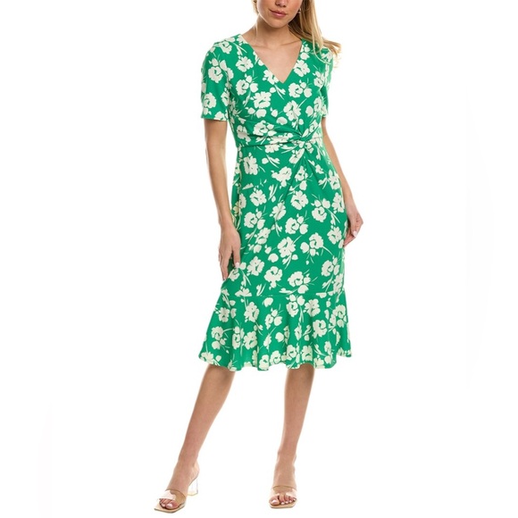 London Times Dresses & Skirts - LONDON TIMES Twisted Sheath Floral Short Sleeve Dress Green & White Size 8 NWT